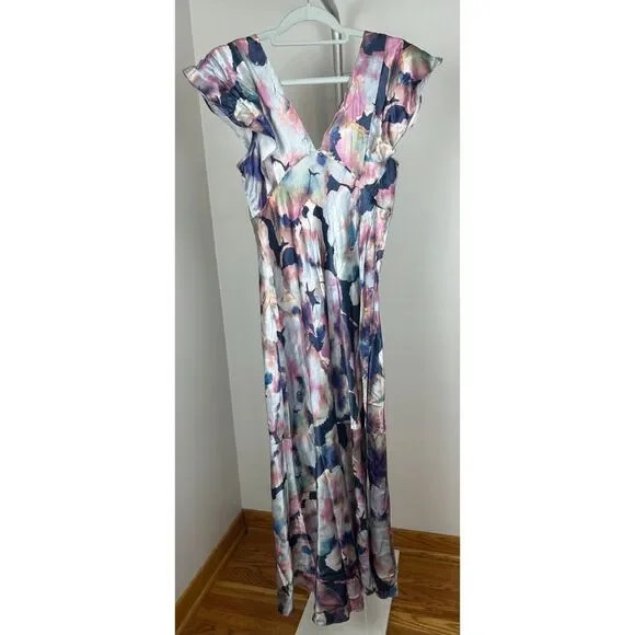NWT Rails Dina Midnight Verbena Floral Maxi V-Neck Satin Dress S Flutter Sleeve - Picture 6 of 9